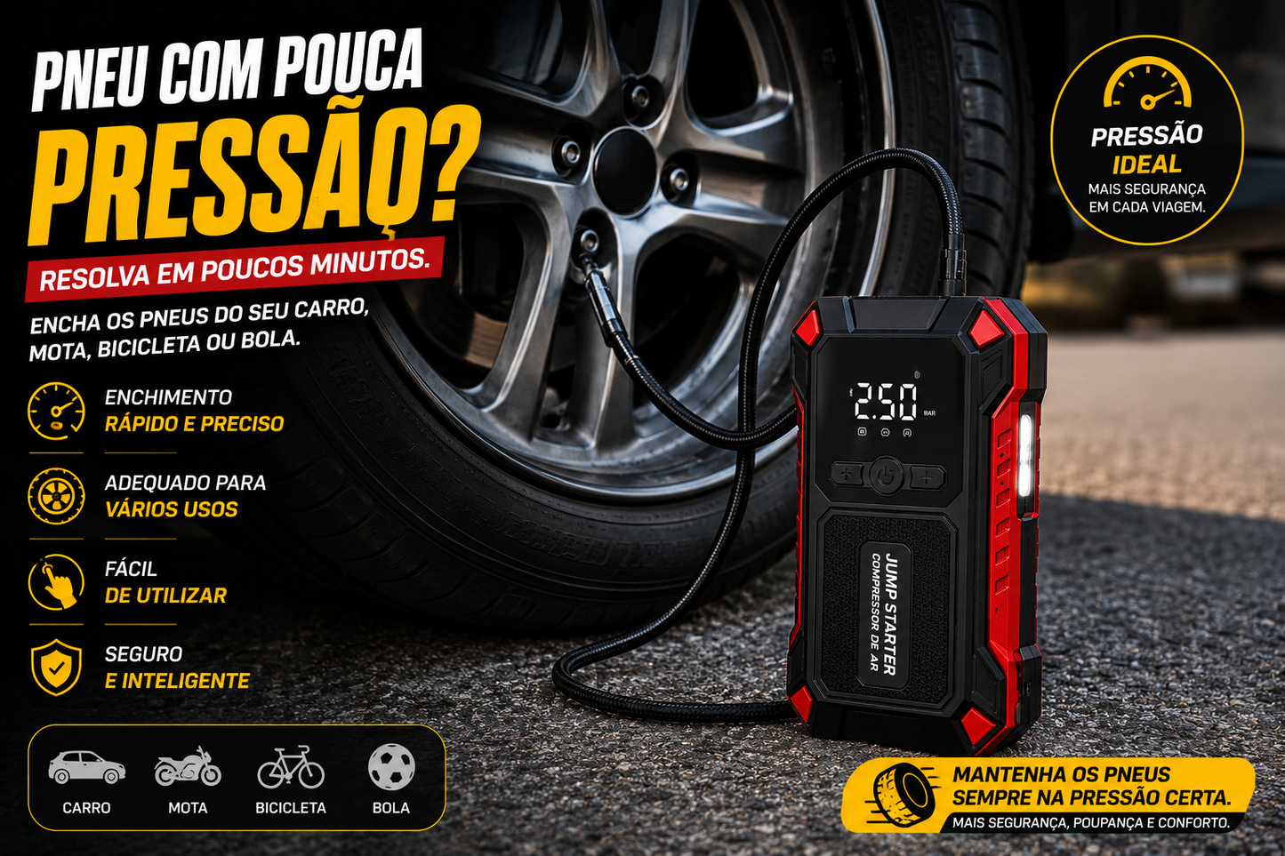Jump Starter e Compressor de Ar Portátil